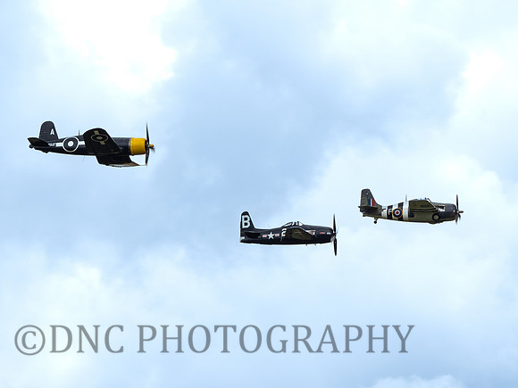 Grumman FM-2 Wildcat JV579, Grumman F8F-2P Bearcat 121714, Goodyear FG-1D Corsair KD345