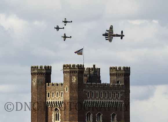 Lancaster, Spitfire & 2 Hurricane fly over Tattershall Castle