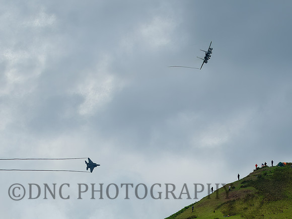 F-15E Strike Eagle LN AF 91-0321 turns towards Bala as AF 91-0605 passes The Spur.