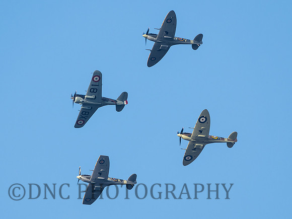 T-B Spitfire Mk Vc EE602 QV-V, Curtiss Hawk 75 X881, Spitfire Mk Vb BM597 RF-M, Spifire Mk Vb EP120 AE-A