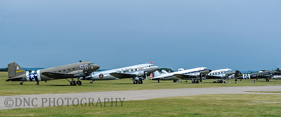 L-R C-47A 41200884, C-53DO N8336C 'Spirtof Benovia', C-41A N341A, DC-3 N33611 'Clipper Tabitha May', C-47 330647 'Virginina Ann'