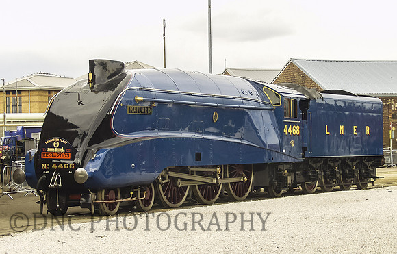 LNER A4 4468 Mallard with Doncaster Plant 150 headboard
