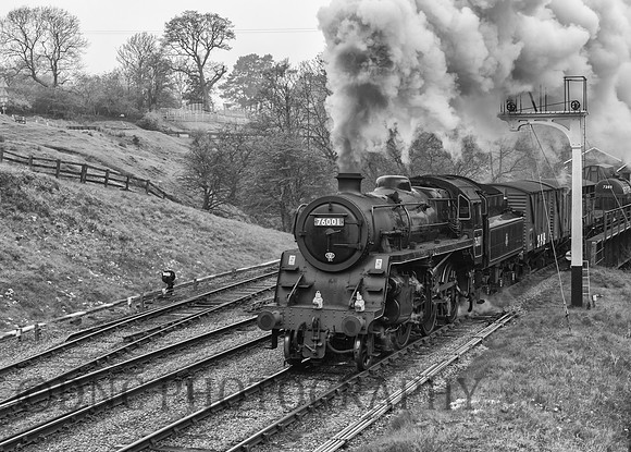 BR Std 4 76001 (76079) passes through Goathland station with the freight