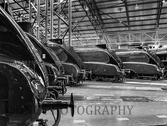 Six LNER A4 locomotives in National Railway Museum the former York North Roundhouse