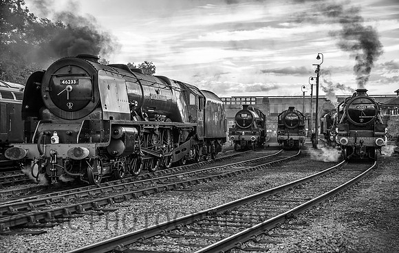 L-R LMS Princess Coronation 46233 Duchess of Sutherland, LMS Jubilee 45690 Leander, LMS Class 4 43106 & LMS Black 5 45305