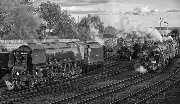 L-R LMS Princess Coronation 46233 Duchess of Sutherland, LMS Jubilee 45690 Leander, LMS Class 4 43106 & LMS Black 5 45305