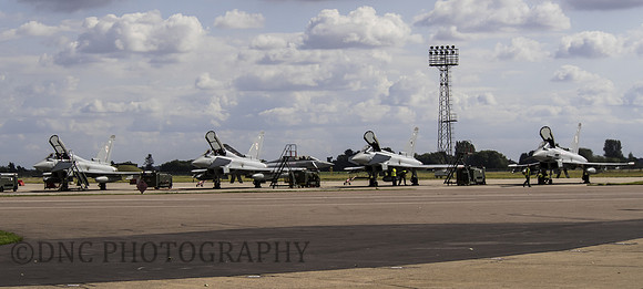 Typhoon flight line L-R T3 ZK379 BB, T3 ZK383 BN, FGR4 ZJ939 DXI, T3 ZJ927 BO
