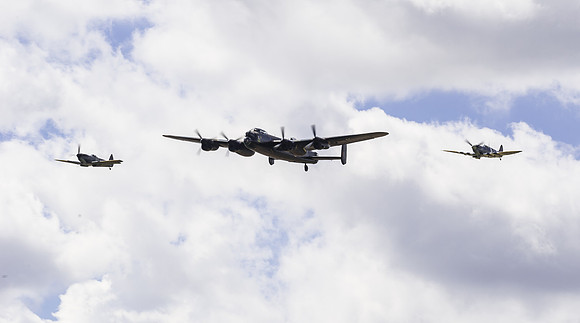 BBMF Lancaster B1 PA474 flanked by (R) Spitfire TE311 (Mk LF XVIE) (L) Spitfire AB910 (Mk Vb)