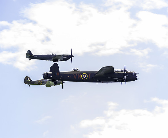 BBMF Lancaster, Spitfire and Hurricane depart.