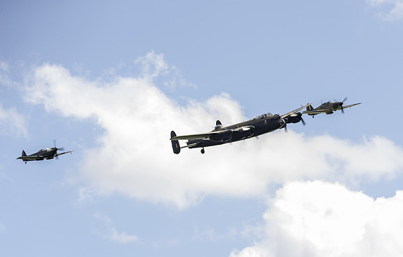 BBMF Lancaster, Spitfire and Hurricane form up.