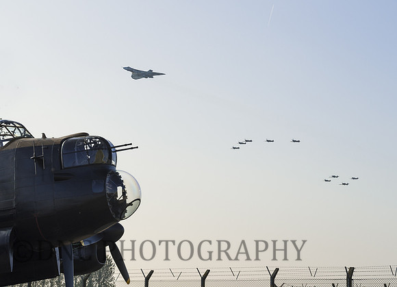Vulcan, Spitfires and Hurricanes fly over Lancaster