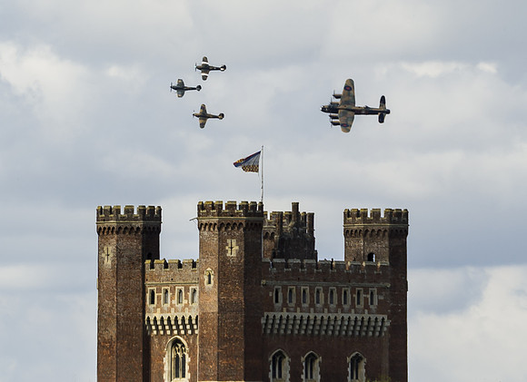 Lancaster, Spitfire & 2 Hurricane fly over Tattershall Castle