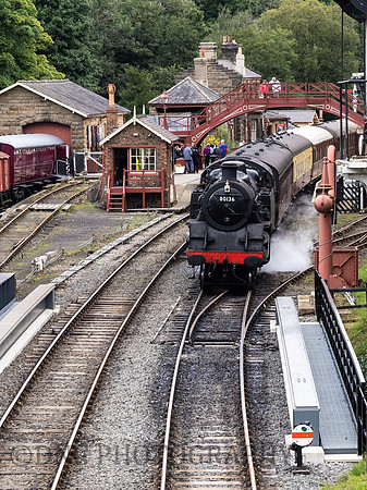 BR Std4MT stands in Goathland station.