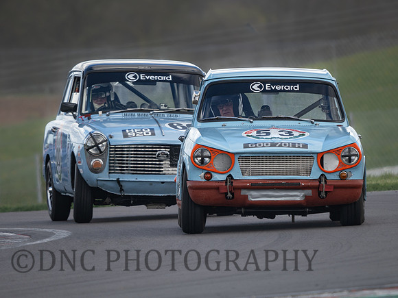 Stuart Radford Triumph Vitesse P66B leads Anthony Warnes Austin A40 P66G