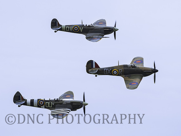 Hawker Hurricane Mk I, P2902, DX-R, Supermarine Spitfire T.9 ML407 ‘OU-V’, Supermarine Spitfire Vc EE602 'DV-V’ .1