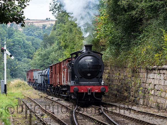 J27 65894 brings the freight into Goathland Station